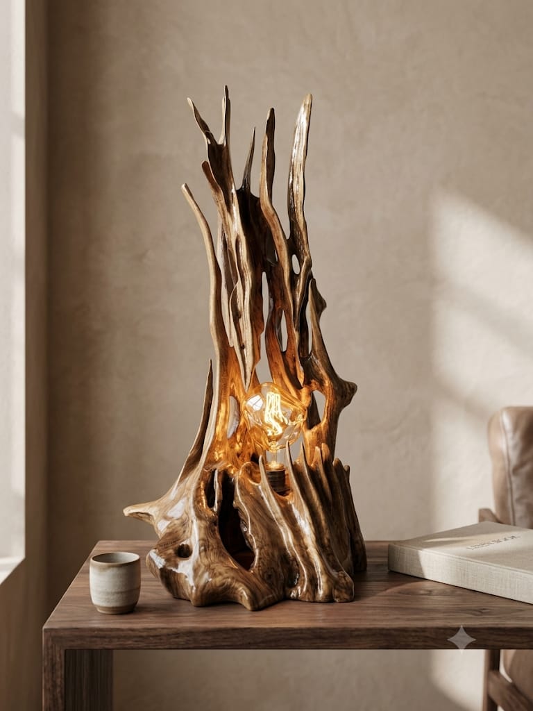 Lampe à Poser en Chêne Sculpté | Ampoule Décorative